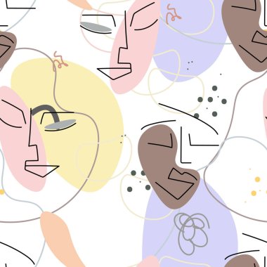 Yüz çizgisi deseni. Soyut çizim kusursuz desen. Vektör Modern Minimum Sanat. Grafikler arka planda. Sürekli bir çizgi çiziyor. Doğrusal tasarım kadın ve erkek yüzleri. Güzel modern baskı..