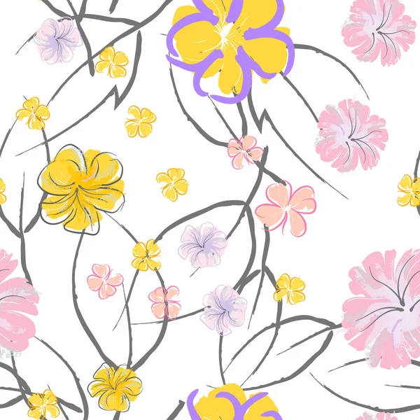 Roze Bloemen Bloeiende Patroon Pastel Aquarel Bloemenprint Little Pink Yellow — Stockvector