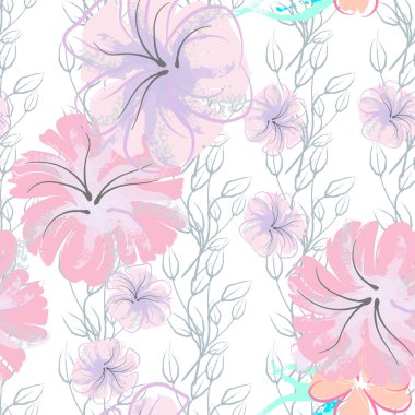 Pembe Çiçekler Çiçek Şablonu. Pastel Suluboya Çiçek Yazısı. Küçük pembe, sarı, gri yapraklı leylak çiçeği. Zarif fırça arka planı. Kusursuz Botanik Vektör Yüzeyi. Moda Yazıcıları İçin Desen.