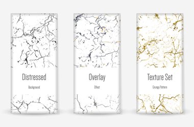 Kederli Grunge dokusu seti. Kusursuz desen. Çizilmiş, Dirt Print. Yarım tonluk Retro Arkaplan. Kırık, çatlak duvar dokusu. Altın, Siyah, Beyaz Grunge tarzı. Gürültü Kaba Tasarım. Vektör İllüstrasyonu.