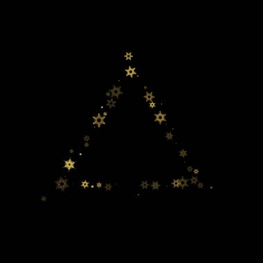 Düşen kar, altın deseni bozar. Uçan altın kar, don ve kar yağışlı bir resim. Kara geceyle ilgili Noel kutlaması için kış baskısı. Yeni Yıl için Tatil Vektörü illüstrasyonu.