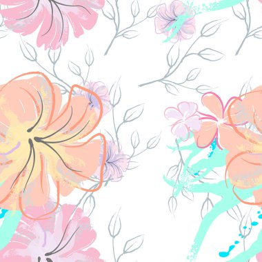 Pembe Çiçekler Çiçek Şablonu. Pastel Suluboya Çiçek Yazısı. Küçük pembe, sarı, gri yapraklı leylak çiçeği. Zarif fırça arka planı. Kusursuz Botanik Vektör Yüzeyi. Moda Yazıcıları İçin Desen.