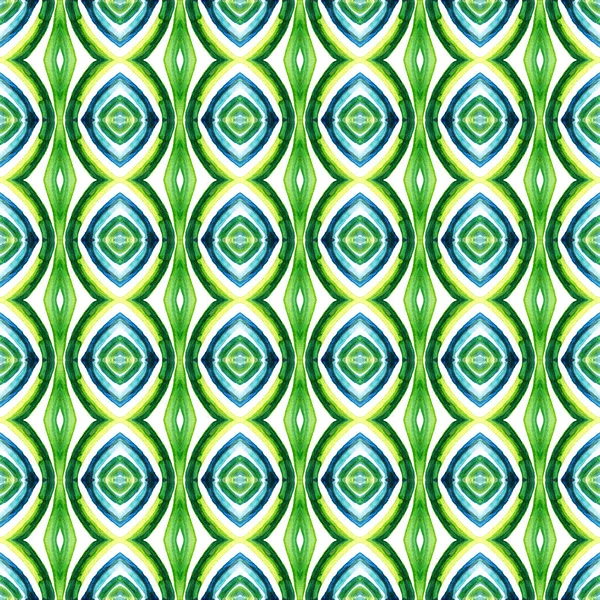民族芸術 手描き アラベスク 東洋のシームレスなパターン シェブロン幾何学 昔のネイティブ カーペット 緑の水彩 オーガニックオーナメント — ストック写真