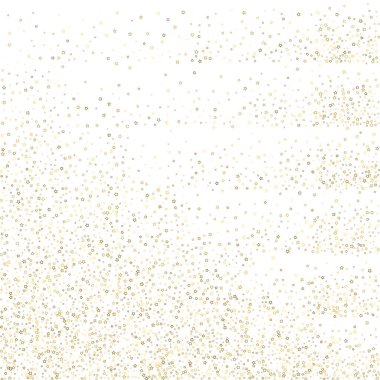Altın Parıldayan Yıldızlar. Lüks Parlak Konfeti. Dağınık küçük bir parıltı. Parlak gümüş element. Rastgele sihirli minik ışık. Yıldızların beyaz arka planı. Yeni Yıl, Noel Vektörü illüstrasyonu.
