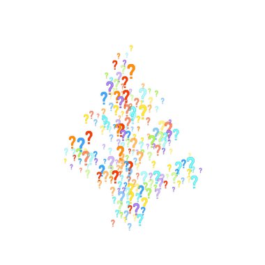 Beyaz arka plana dağılmış soru işaretleri. Sınav, şüphe, anket, araştırma, faq, sorgulama, sorgulama geçmişi. Kamuoyu yoklaması için çok renkli bir şablon. Gökkuşağı rengi. Vektör illüstrasyonu.