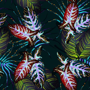 Tropik Yaprak. Modern Motif. Orman baskısı. Yeşillik Yazı Kusursuz Düzen. Yeşillik Vektörü Arkaplanı. Sanatsal Botanik Yüzey. Moda için soyut bitki dokusu. Karşıtlık Fırçası Çizimi.