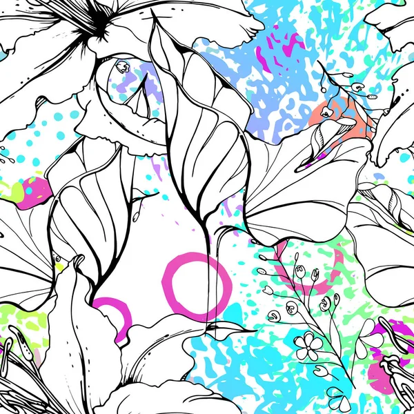 Umělecký Květinový Bezešvý Vzor Obrys Květiny Povrch Botanický Vektorový Motiv — Stockový vektor