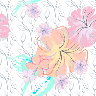 Pembe Çiçekler Çiçek Şablonu. Pastel Suluboya Çiçek Yazısı. Küçük pembe, sarı, gri yapraklı leylak çiçeği. Zarif fırça arka planı. Kusursuz Botanik Vektör Yüzeyi. Moda Yazıcıları İçin Desen.