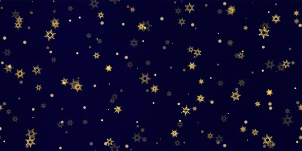 ゴールドスノーフレークシームレスパターン 鮮やかな 明るい雪の秋 星とベクトルイラスト クリスマスのお祝いのためのホリデー冬の暗い青の背景 — ストックベクタ