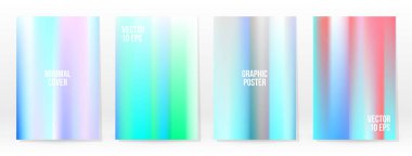 Holografik Poster seti. Iridescent Teknoloji Kapağı. Mobil Grafik Şablonu. Vektör Posteri. Gradyan örgü. Fütürist Sanal Şablon Tasarımı. Modern Soyut Arkaplan 90 'lar, 80' ler Retro Biçimi.