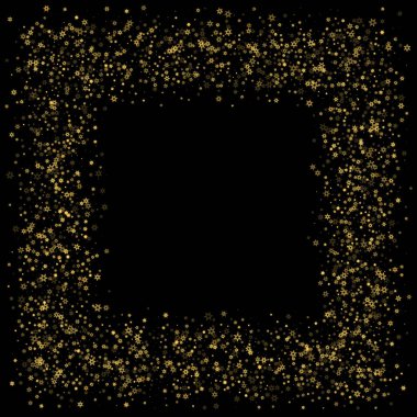 Düşen kar, altın deseni bozar. Uçan altın kar, don ve kar yağışlı bir resim. Kara geceyle ilgili Noel kutlaması için kış baskısı. Yeni Yıl için Tatil Vektörü illüstrasyonu.