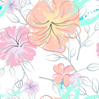 Pembe Çiçekler Çiçek Şablonu. Pastel Suluboya Çiçek Yazısı. Küçük pembe, sarı, gri yapraklı leylak çiçeği. Zarif fırça arka planı. Kusursuz Botanik Vektör Yüzeyi. Moda Yazıcıları İçin Desen.