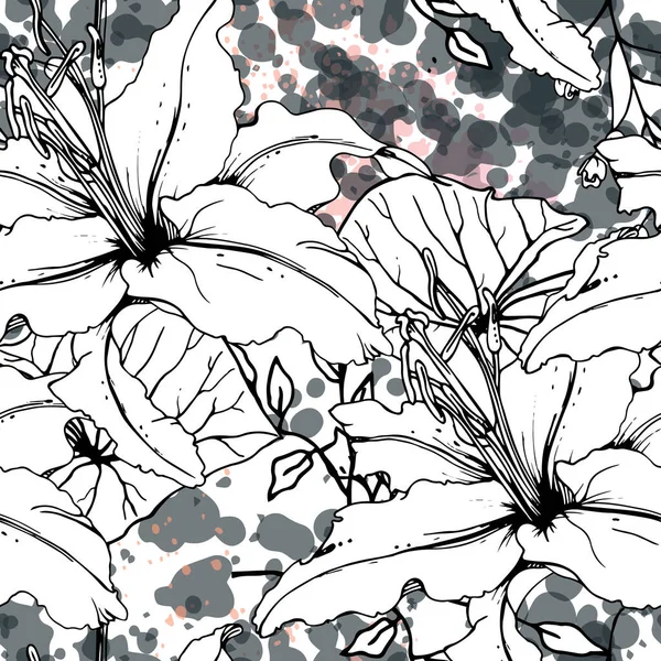 Patrón Floral Negro Blanco Sin Costura Impresión Acuarela Artística Moderna — Vector de stock