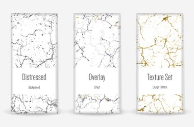 Kederli Grunge dokusu seti. Kusursuz desen. Çizilmiş, Dirt Print. Yarım tonluk Retro Arkaplan. Kırık, çatlak duvar dokusu. Altın, Siyah, Beyaz Grunge tarzı. Gürültü Kaba Tasarım. Vektör İllüstrasyonu.