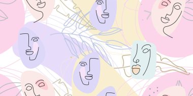 Yüz çizgisi deseni. Soyut çizim kusursuz desen. Vektör Modern Minimum Sanat. Grafikler arka planda. Sürekli bir çizgi çiziyor. Doğrusal tasarım kadın ve erkek yüzleri. Güzel modern baskı..