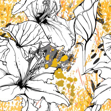 Çiçekli Siyah ve Beyaz Kusursuz Şablon. Modern Sanatsal Suluboya Baskısı. Moda Dış Hatları Çiçek Yüzeyi. Mürekkep lekeleri dokusunda Botanik Vektör Motifi. Soyut Yaprak Çizimi. Trend Tropik Arkaplanı.