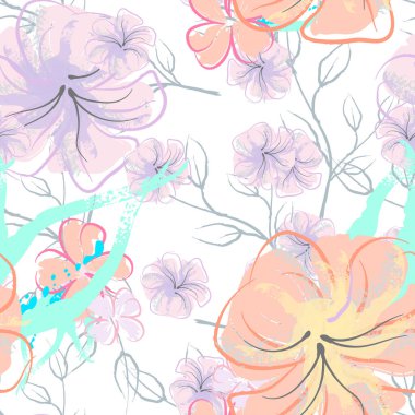 Pembe Çiçekler Çiçek Şablonu. Pastel Suluboya Çiçek Yazısı. Küçük pembe, sarı, gri yapraklı leylak çiçeği. Zarif fırça arka planı. Kusursuz Botanik Vektör Yüzeyi. Moda Yazıcıları İçin Desen.