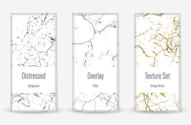 Kederli Grunge dokusu seti. Kusursuz desen. Çizilmiş, Dirt Print. Yarım tonluk Retro Arkaplan. Kırık, çatlak duvar dokusu. Altın, Siyah, Beyaz Grunge tarzı. Gürültü Kaba Tasarım. Vektör İllüstrasyonu.