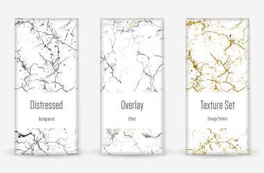Kederli Grunge dokusu seti. Kusursuz desen. Çizilmiş, Dirt Print. Yarım tonluk Retro Arkaplan. Kırık, çatlak duvar dokusu. Altın, Siyah, Beyaz Grunge tarzı. Gürültü Kaba Tasarım. Vektör İllüstrasyonu.