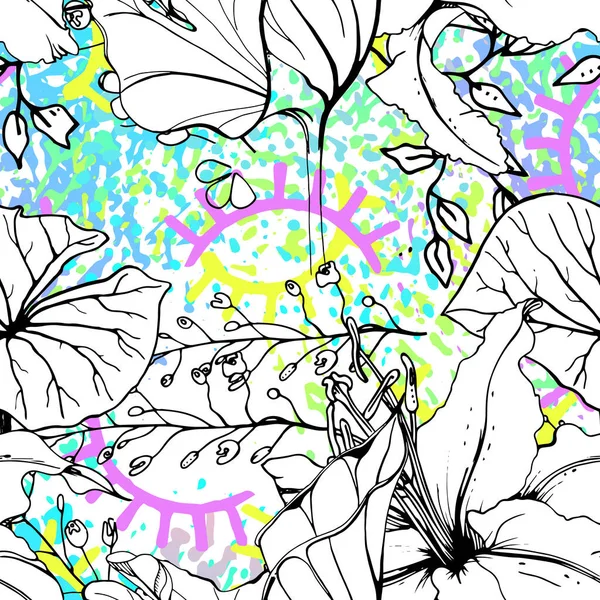 Artistiek Bloemen Naadloos Patroon Outline Bloemen Oppervlakte Botanische Vector Motief — Stockvector