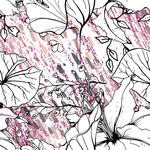 Floral Preto Branco Sem Costura Padrão Impressão Aquarela Artística Moderna — Vetor de Stock