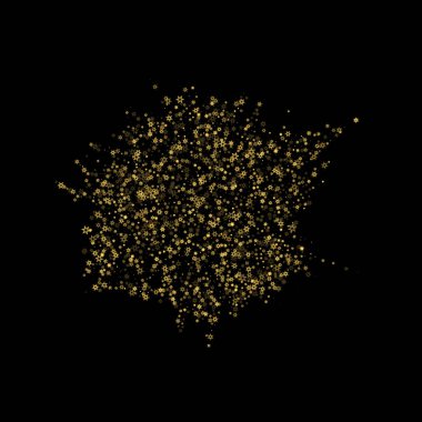 Düşen kar, altın deseni bozar. Uçan altın kar, don ve kar yağışlı bir resim. Kara geceyle ilgili Noel kutlaması için kış baskısı. Yeni Yıl için Tatil Vektörü illüstrasyonu.