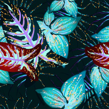 Tropik Yaprak. Modern Motif. Orman baskısı. Yeşillik Yazı Kusursuz Düzen. Yeşillik Vektörü Arkaplanı. Sanatsal Botanik Yüzey. Moda için soyut bitki dokusu. Karşıtlık Fırçası Çizimi.