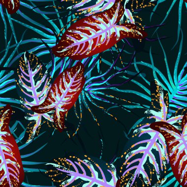 Tropik Yaprak. Modern Motif. Orman baskısı. Yeşillik Yazı Kusursuz Düzen. Yeşillik Vektörü Arkaplanı. Sanatsal Botanik Yüzey. Moda için soyut bitki dokusu. Karşıtlık Fırçası Çizimi.