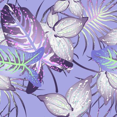 Tropik Yaprak Modern Motif. Orman baskısı. Yeşillik Yazı Kusursuz Düzen. Yeşillik Vektörü Arkaplanı. Sanatsal Botanik Yüzeyi. Moda için soyut bitki dokusu. Yumuşak Pastel Fırça Çizimi.