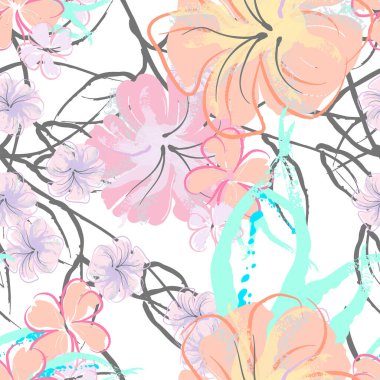 Pembe Çiçekler Çiçek Şablonu. Pastel Suluboya Çiçek Yazısı. Küçük pembe, sarı, gri yapraklı leylak çiçeği. Zarif fırça arka planı. Kusursuz Botanik Vektör Yüzeyi. Moda Yazıcıları İçin Desen.