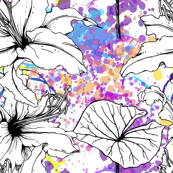 Artistic Floral Seamless Pattern. Outline Flowers Surface. Botanical Vector Motif. Blooming on Watercolor Texture For Fashion. Drawing Abstract Leaf. Trends Tropic Background. Black and White Print.