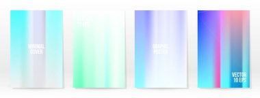 Holografik Poster seti. Iridescent Teknoloji Kapağı. Mobil Grafik Şablonu. Vektör Posteri. Gradyan örgü. Fütürist Sanal Şablon Tasarımı. Modern Soyut Arkaplan 90 'lar, 80' ler Retro Biçimi.