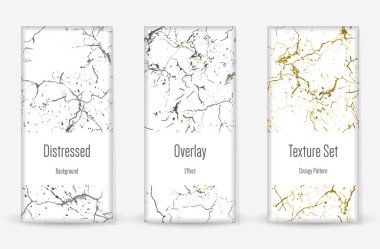 Kederli Grunge dokusu seti. Kusursuz desen. Çizilmiş, Dirt Print. Yarım tonluk Retro Arkaplan. Kırık, çatlak duvar dokusu. Altın, Siyah, Beyaz Grunge tarzı. Gürültü Kaba Tasarım. Vektör İllüstrasyonu.