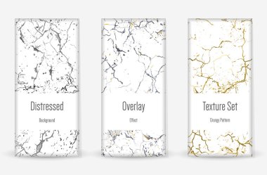 Kederli Grunge dokusu seti. Kusursuz desen. Çizilmiş, Dirt Print. Yarım tonluk Retro Arkaplan. Kırık, çatlak duvar dokusu. Altın, Siyah, Beyaz Grunge tarzı. Gürültü Kaba Tasarım. Vektör İllüstrasyonu.