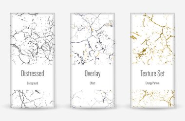 Kederli Grunge dokusu seti. Kusursuz desen. Çizilmiş, Dirt Print. Yarım tonluk Retro Arkaplan. Kırık, çatlak duvar dokusu. Altın, Siyah, Beyaz Grunge tarzı. Gürültü Kaba Tasarım. Vektör İllüstrasyonu.