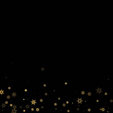 Düşen kar, altın deseni bozar. Uçan altın kar, don ve kar yağışlı bir resim. Kara geceyle ilgili Noel kutlaması için kış baskısı. Yeni Yıl için Tatil Vektörü illüstrasyonu.