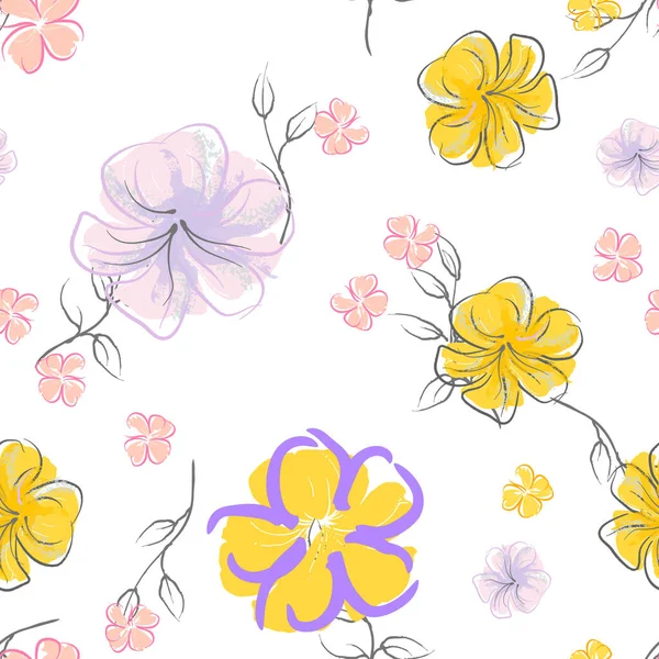 Цветущие Розовые Цветы Пастельная Акварельная Цветочная Печать Маленький Розовый Желтый — стоковый вектор