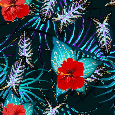 Tropik Yaprak. Modern Motif. Orman baskısı. Yeşillik Yazı Kusursuz Düzen. Yeşillik Vektörü Arkaplanı. Sanatsal Botanik Yüzey. Moda için soyut bitki dokusu. Karşıtlık Fırçası Çizimi.