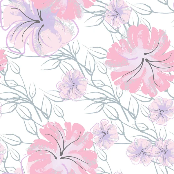 Pembe Çiçekler Çiçek Şablonu. Pastel Suluboya Çiçek Yazısı. Küçük pembe, sarı, gri yapraklı leylak çiçeği. Zarif fırça arka planı. Kusursuz Botanik Vektör Yüzeyi. Moda Yazıcıları İçin Desen.