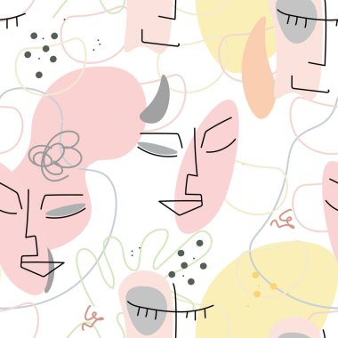 Yüz çizgisi deseni. Soyut çizim kusursuz desen. Vektör Modern Minimum Sanat. Grafikler arka planda. Sürekli bir çizgi çiziyor. Doğrusal tasarım kadın ve erkek yüzleri. Güzel modern baskı..