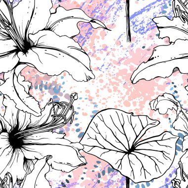 Çiçekli Siyah ve Beyaz Kusursuz Şablon. Modern Sanatsal Suluboya Baskısı. Moda Dış Hatları Çiçek Yüzeyi. Mürekkep lekeleri dokusunda Botanik Vektör Motifi. Soyut Yaprak Çizimi. Trend Tropik Arkaplanı.