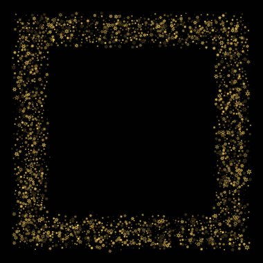 Düşen kar, altın deseni bozar. Uçan altın kar, don ve kar yağışlı bir resim. Kara geceyle ilgili Noel kutlaması için kış baskısı. Yeni Yıl için Tatil Vektörü illüstrasyonu.