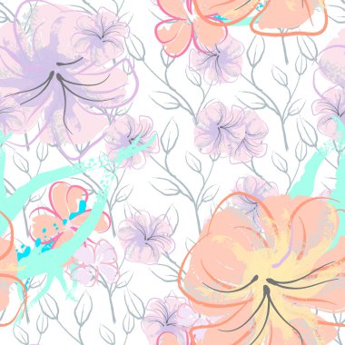 Pembe Çiçekler Çiçek Şablonu. Pastel Suluboya Çiçek Yazısı. Küçük pembe, sarı, gri yapraklı leylak çiçeği. Zarif fırça arka planı. Kusursuz Botanik Vektör Yüzeyi. Moda Yazıcıları İçin Desen.