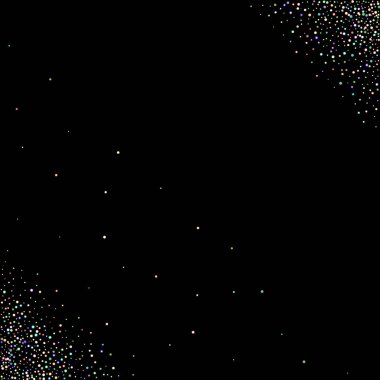 Parıldayan Parıldayan Yıldızlar. Holografik Parıltı Düşen Konfeti. Rainbow Sprocket, Shiny Little, Balls, Circles. Rastgele Düşen Kara Arkaplan. Yeni Yıl Dağılmış Noel Vektörü illüstrasyonu.