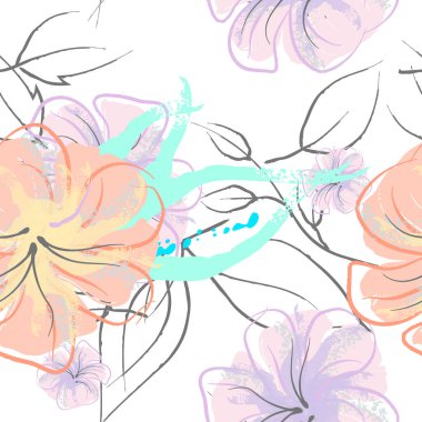 Pembe Çiçekler Çiçek Şablonu. Pastel Suluboya Çiçek Yazısı. Küçük pembe, sarı, gri yapraklı leylak çiçeği. Zarif fırça arka planı. Kusursuz Botanik Vektör Yüzeyi. Moda Yazıcıları İçin Desen.