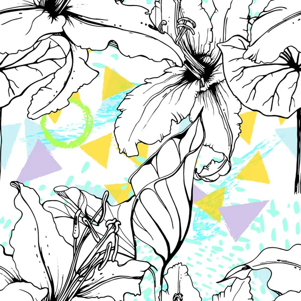 Floral Black White Print Folha Selva Tropical Formas Escova Geométrica — Vetor de Stock