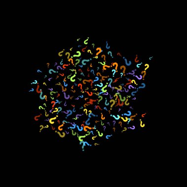 Soru işaretleri siyah arkaplana dağılmış. Sınav, şüphe, anket, araştırma, faq, sorgulama, sorgulama geçmişi. Kamuoyu yoklaması için çok renkli bir şablon. Gökkuşağı rengi. Vektör illüstrasyonu.