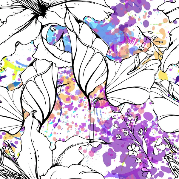 Artística Floral Padrão Sem Costura Esboço Flores Superfície Motivo Botânico —  Vetores de Stock