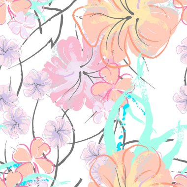 Pembe Çiçekler Çiçek Şablonu. Pastel Suluboya Çiçek Yazısı. Küçük pembe, sarı, gri yapraklı leylak çiçeği. Zarif fırça arka planı. Kusursuz Botanik Vektör Yüzeyi. Moda Yazıcıları İçin Desen.