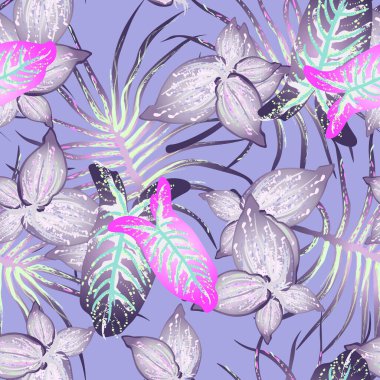 Tropik Yaprak Modern Motif. Orman baskısı. Yeşillik Yazı Kusursuz Düzen. Yeşillik Vektörü Arkaplanı. Sanatsal Botanik Yüzeyi. Moda için soyut bitki dokusu. Yumuşak Pastel Fırça Çizimi.